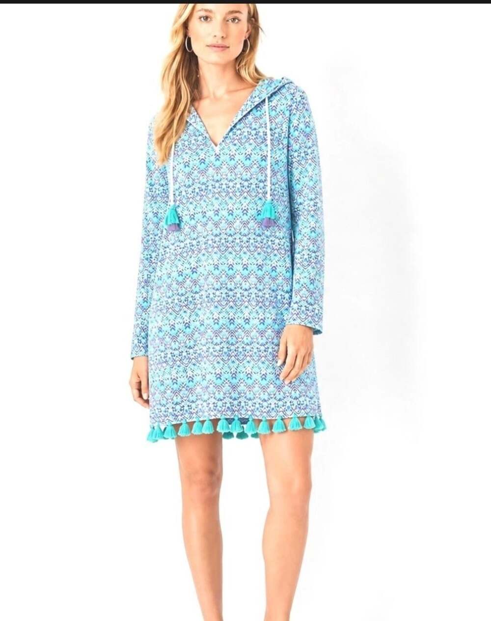 Cabana Life Blue Purple Ikat Hooded Tassel Swim Cover Up Large